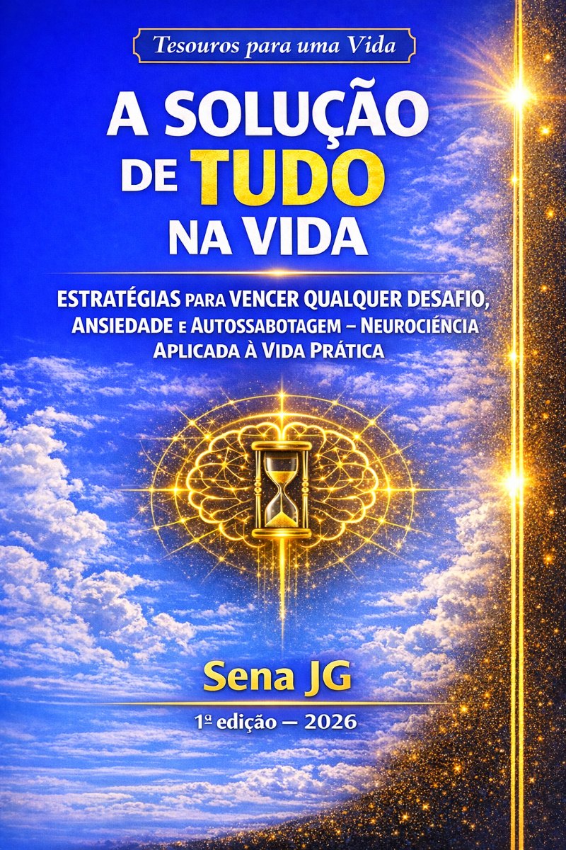Capa do livro A Solução de Tudo na Vida, de Sena JG: céu azul de nuvens e raios dourados, com um cérebro dourado e uma ampulheta no centro; no alto, Tesouros para uma Vida; subtítulo Estratégias para vencer qualquer desafio, ansiedade e autossabotagem, neurociência aplicada à vida prática.