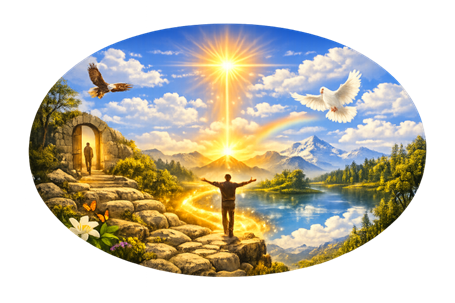 Ilustração em forma de oval: um homem de braços abertos sobre as pedras, diante de um vale com lago e montanhas iluminado pelo sol nascente, de onde desce um raio de luz, e um arco-íris no céu; à esquerda, um arco de pedra com outra figura e uma águia em voo; à direita, uma pomba branca; embaixo, flores e borboletas.