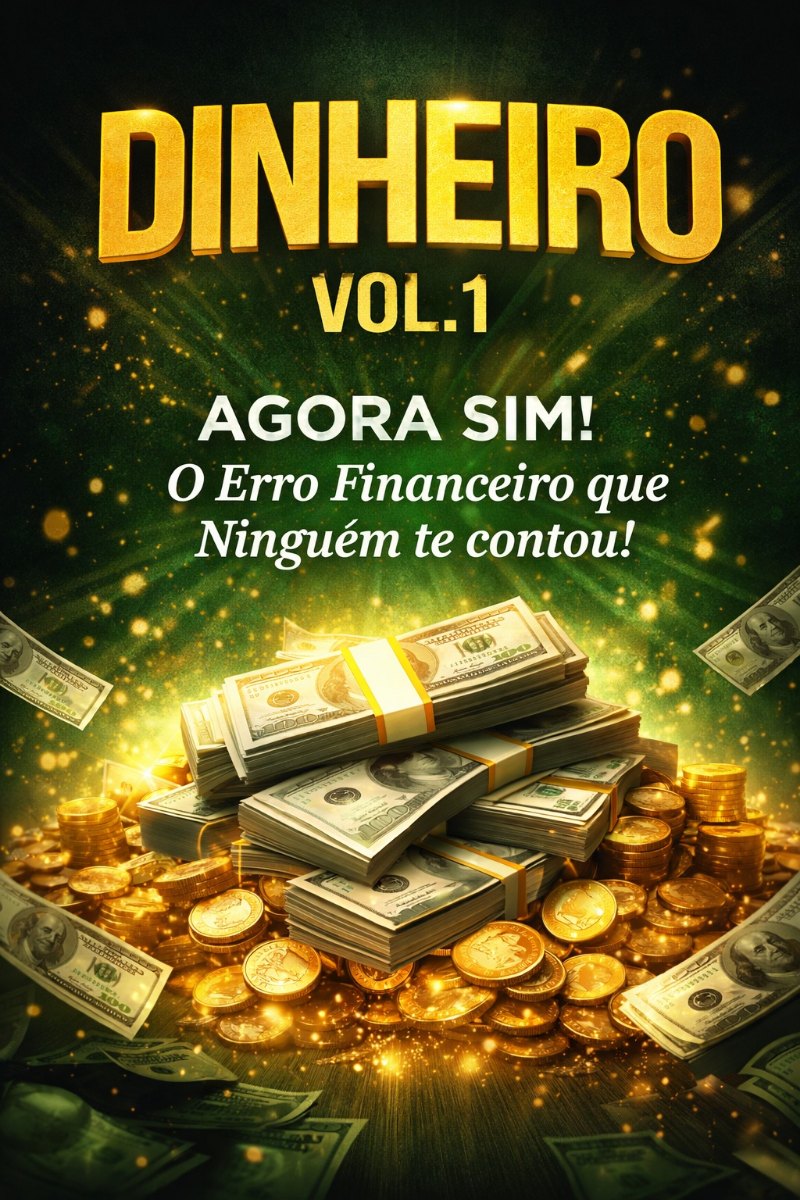 Capa do livro Dinheiro Volume 1 — Agora Sim!, de José G Sena: título em letras douradas sobre um fundo verde brilhante, com pilhas de notas de dólar e moedas de ouro; subtítulo O Erro Financeiro que Ninguém te contou!