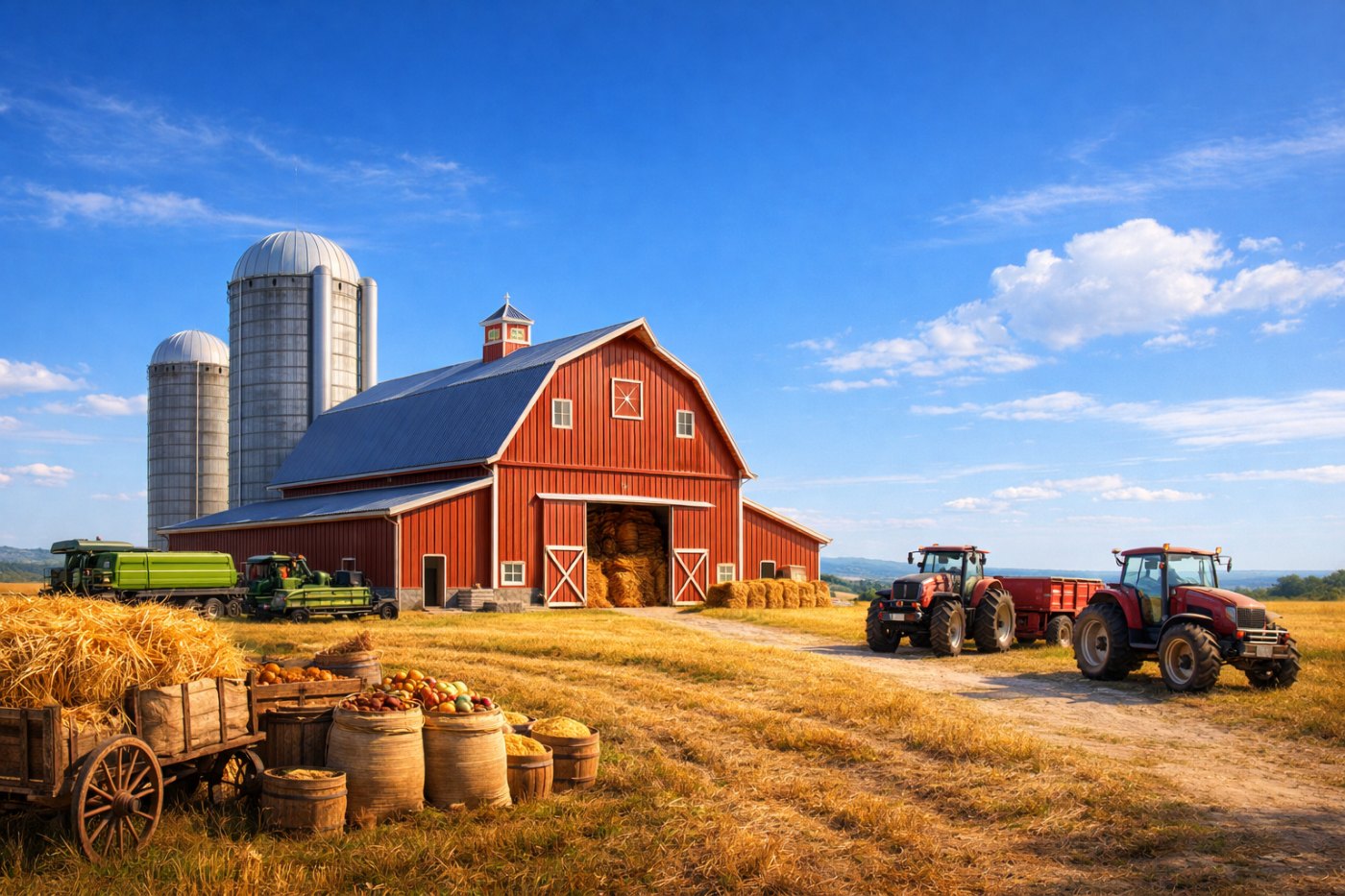 Paisagem do Celeiro: celeiro vermelho, silos, tratores e colheita dourada